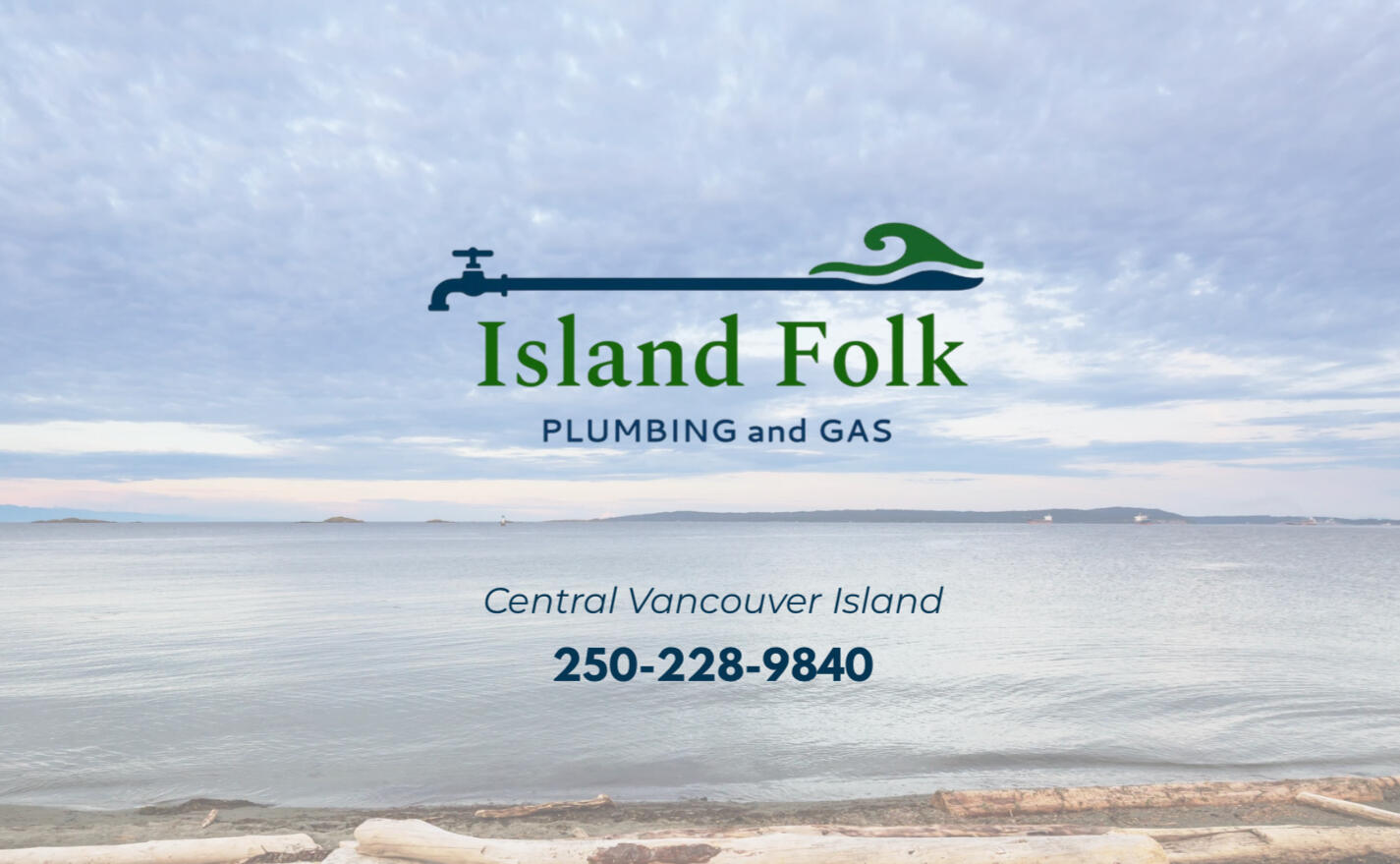 Island Folk Plumbing and Gas ocean background with green and blue logo of facet and wave